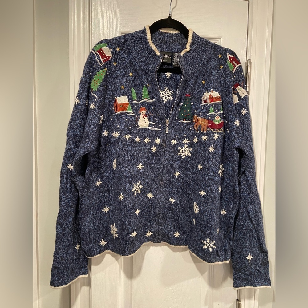 VTG Erika Size PXL Christmas Cardigan Sweater Zip Front Snowman Winter Cotton